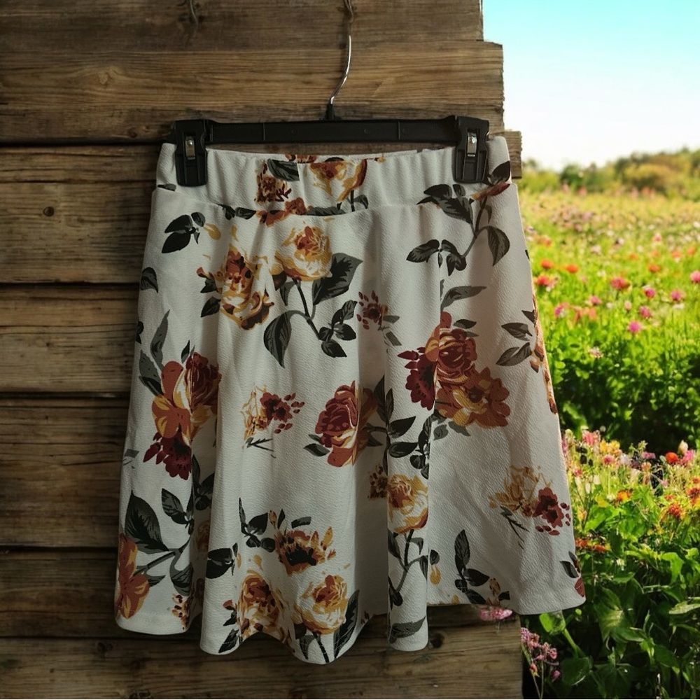 SHEIN White & Floral A-Line Skater Skirt